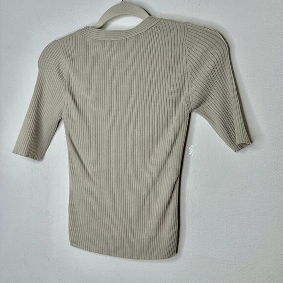 Closed Stone Gray Ribbed Knit V-Neck Front Button Short Sleeve Cardigan Top XXS - Picture 5 of 13